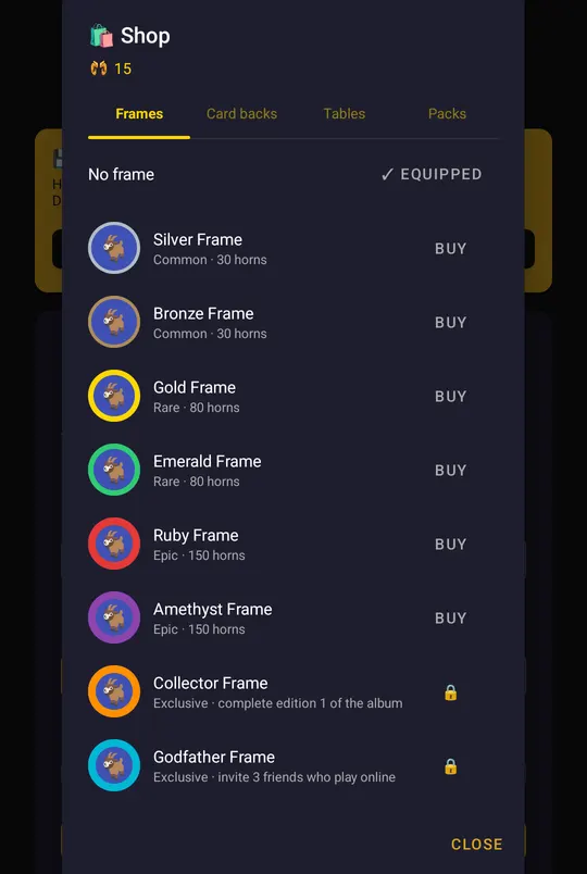 Shop with avatar frames paid with horns
