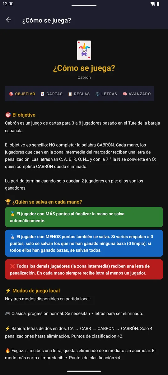 Pantalla “¿Cómo se juega?” con el objetivo y quién se salva en cada mano